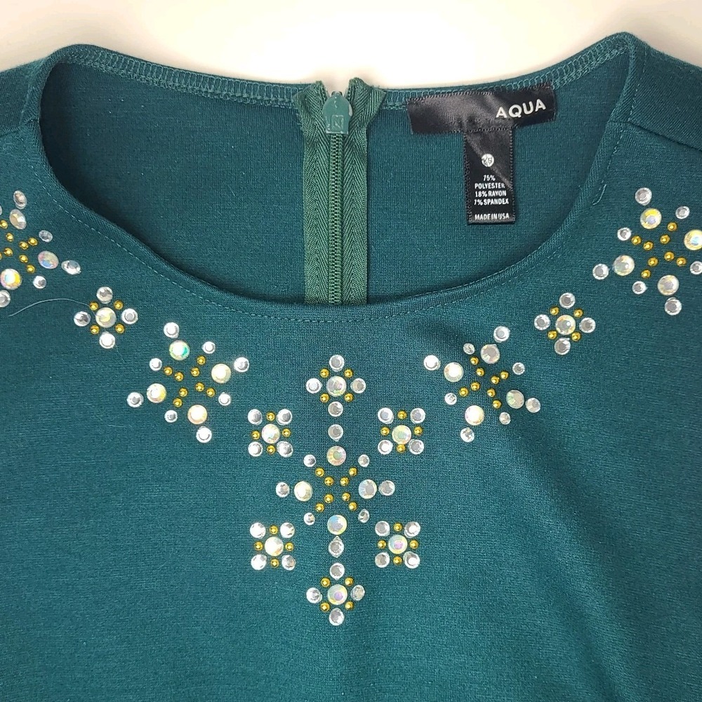 Aqua Green Embellished Fit Flare Dress Womens XS Sleeveless Jewel Neck Party